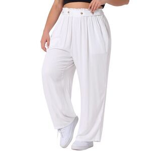 Plus Size Stretchy High Waisted With Pocket Wide Leg Long Pants White